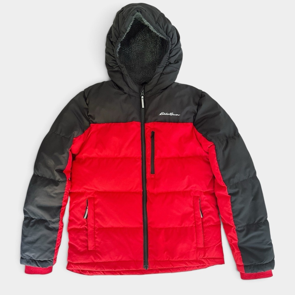 Eddie Bauer Boys 650 Down Jacket Red Black Hooded Puffer Fleece 10/12 Medium